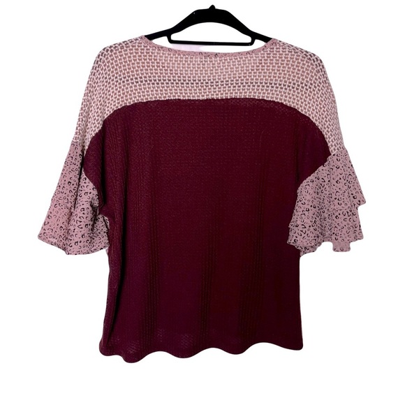 Umgee | Burgundy Pink Mixed Knit Flutter Sleeve Animal Print Top, Small - Picture 2 of 7